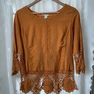 Cato Burnt Orange Embroidered Crochet Hem Blouse